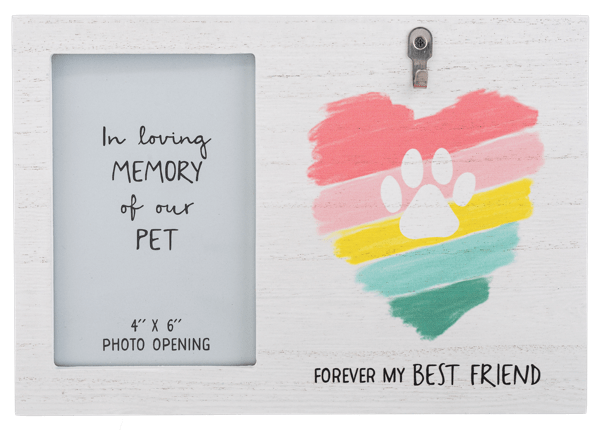 Pet memorial frame with a rainbow heart and photo opening
