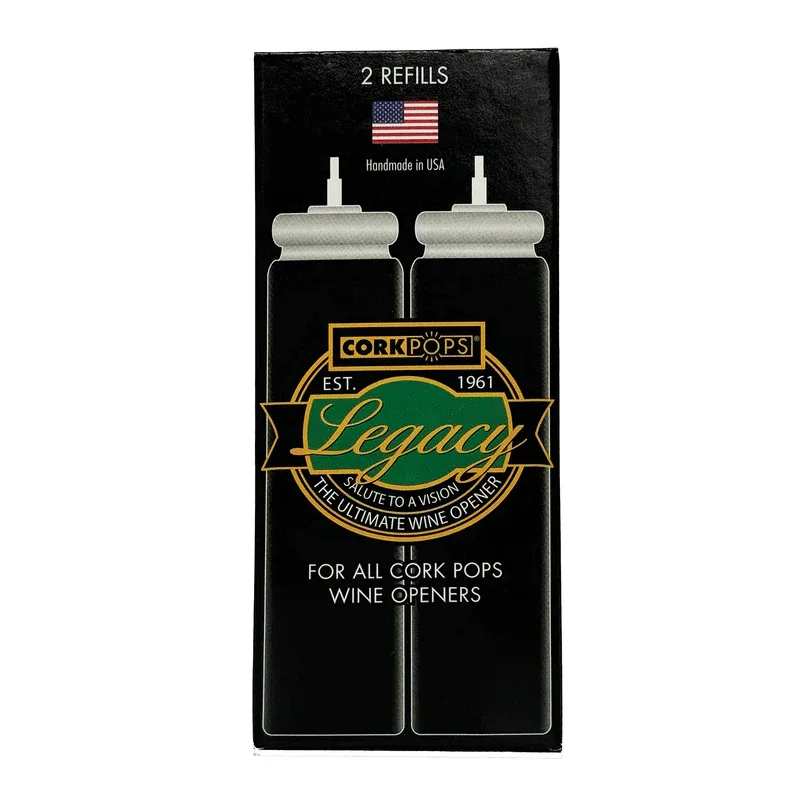 Add-on; Cork Pops Legacy Wine Opener Refills - 2 pack - Cork Pops Legacy Wine Opener Refills - 2 pack  The Legacy Cork Pops Refill Cartridges are packaged two refills per box so you can enjoy your Cork Pops Legacy Wine Opener over and over. Each Cork Pop Refill Cartridge will open approximately 60 - 80 bottles of wine before requiring replacement. The refill cartridges fit all cork pops models, and utilize an environmentally safe, low-pressure inert propellant that does not affect the flavor or bouquet of any wine and has no effect on the atmosphere or ozone layer.  This product is available as an add-on item but must be ordered in conjunction with any other product on our website to meet the $55 order minimum for delivery.  Please note that cancellations are subject to a 10% processing fee, or up to $25 for all refunds processed.