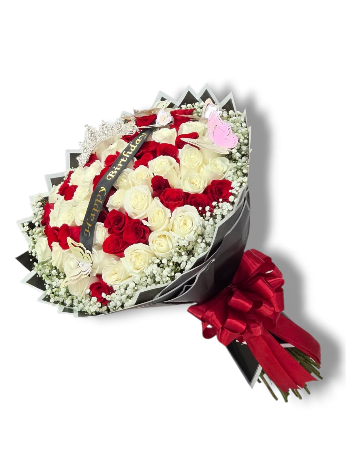 Bouquet of red and white roses with a birthday ribbon and red bow