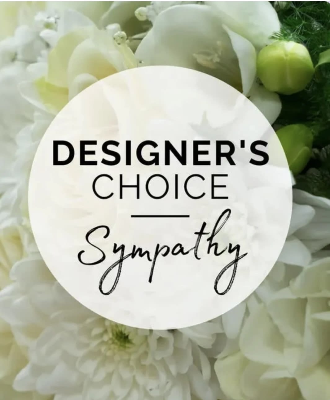 White floral sympathy arrangement with a designer's choice label