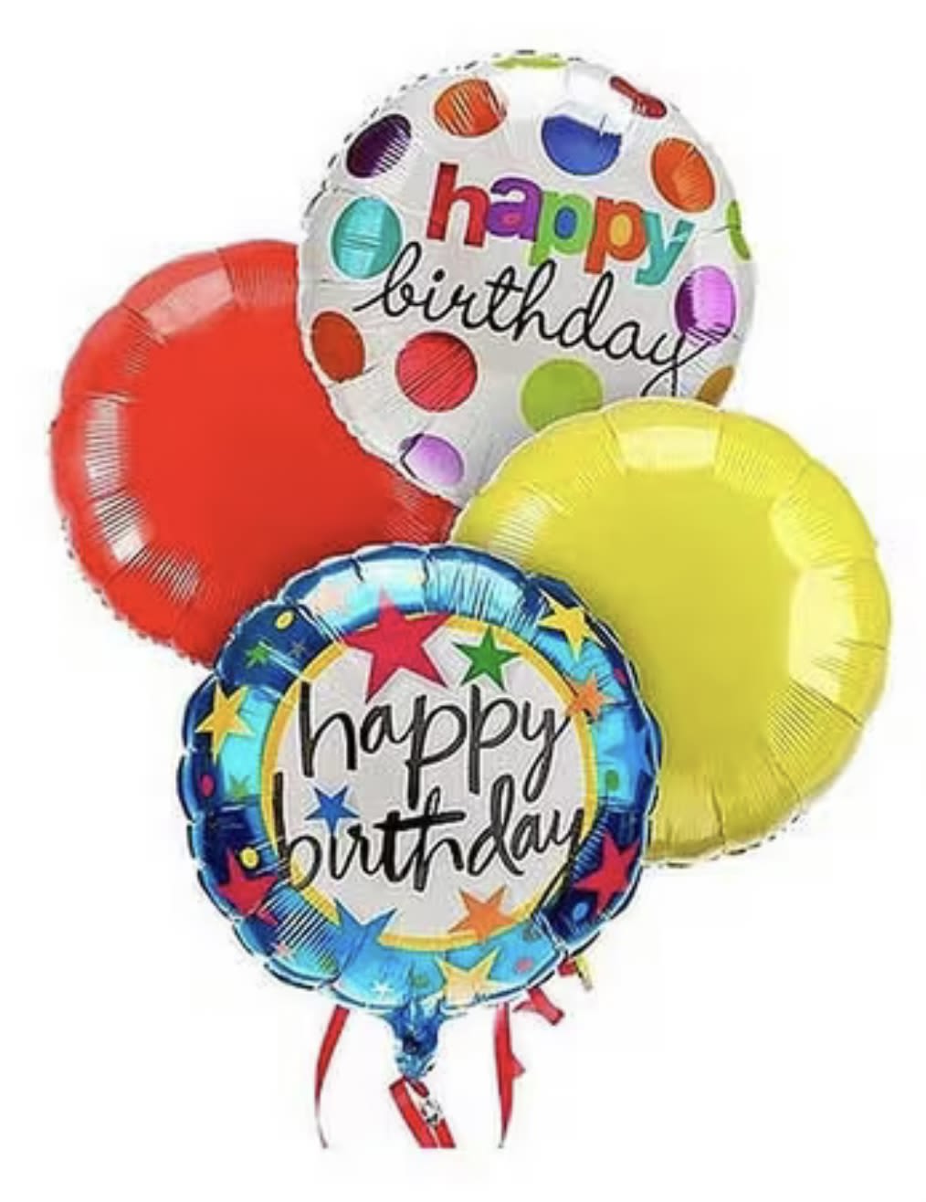 Cluster of colorful birthday balloons with two printed message balloons