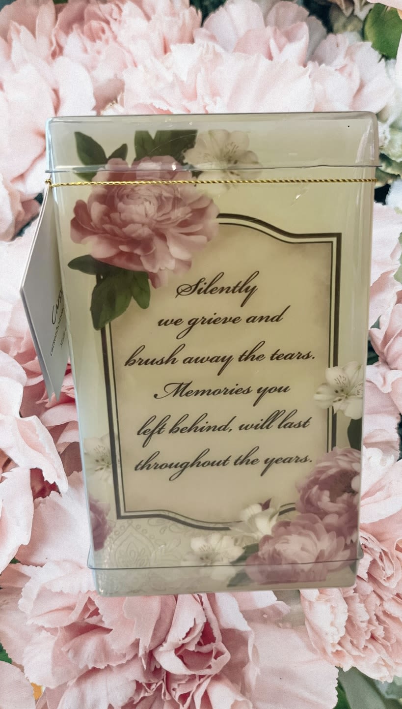 Sympathy card with pink floral border and a memorial message