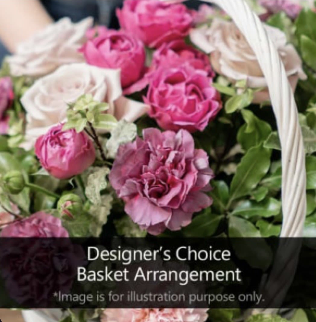 Designers Choice Flower Basket  - Our designers choice flower basket is where our designers will choose our beautiful fresh cut flowers and make an adorable arrangement in a beautiful basket the flower types and colors they will choose to best suit the occasion.