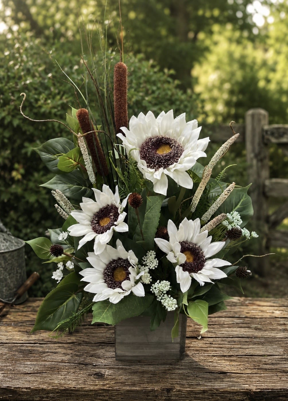 (Silk) Lake Side - Crisp white sunflowers with striking black‑purple centers give this silk flower arrangement a bold, rustic charm-perfect as an everyday bouquet or a thoughtful housewarming gift. Designed as a one‑sided display for tabletops or mantle spaces, it reads like a lakeside garden in late summer to autumn and will make the person you're thinking of feel seen and remembered.  The arrangement sits in a square wooden container and pairs the large white sunflower heads with tall, textural seed heads, slender dried stems, and broad glossy green foliage for a full, upright silhouette. The contrast of crisp white petals, deep dark centers, and natural greens is softened by hints of purple and other muted tones, creating depth and a slightly dramatic mood that lasts without maintenance.  Made from quality silk materials and sold with matching foliage on the same side as the blooms, this piece needs no watering and keeps its shape-ideal for busy hosts, seasonal décor, or anyone who appreciates garden style with long‑lasting impact. Arrange on an entry table, sideboard, or near a window to let the natural textures and bold centers catch the eye.