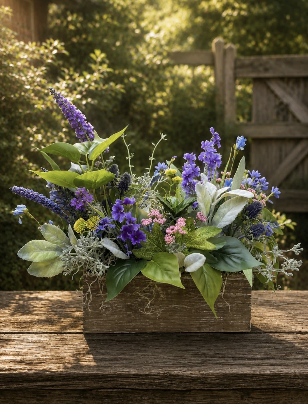 (Silk) Lush Gardens  - Tall delphinium spires and airy snapdragon stems give this silk Lush Gardens arrangement a wild, garden-fresh look ideal for a spring birthday bouquet or a casual celebration centerpiece. The purple and blue blooms are softened by small pink daisy accents and varied green foliage, so the person you're thinking of will feel delightfully surprised by its carefree, whimsical charm.  Arranged in a weathered wooden box, the composition layers tall, vertical stems with broader leaves and silvery filler for depth and movement-exactly the textured, relaxed feel of an outdoor cutting garden. As a silk design, it keeps that just-picked appearance without wilting, and the wooden box adds rustic character that suits a kitchen table, mantel, or entryway.  Perfect for brightening a mother's day, housewarming, or "thinking of you" moment, this arrangement reads as cheerful and effortless-the kind of gift that makes someone feel truly seen. Box dimensions and exact stem counts are preserved in the display; because these are high-quality silk flowers, minimal care is required-simply dust occasionally to keep the colors fresh.