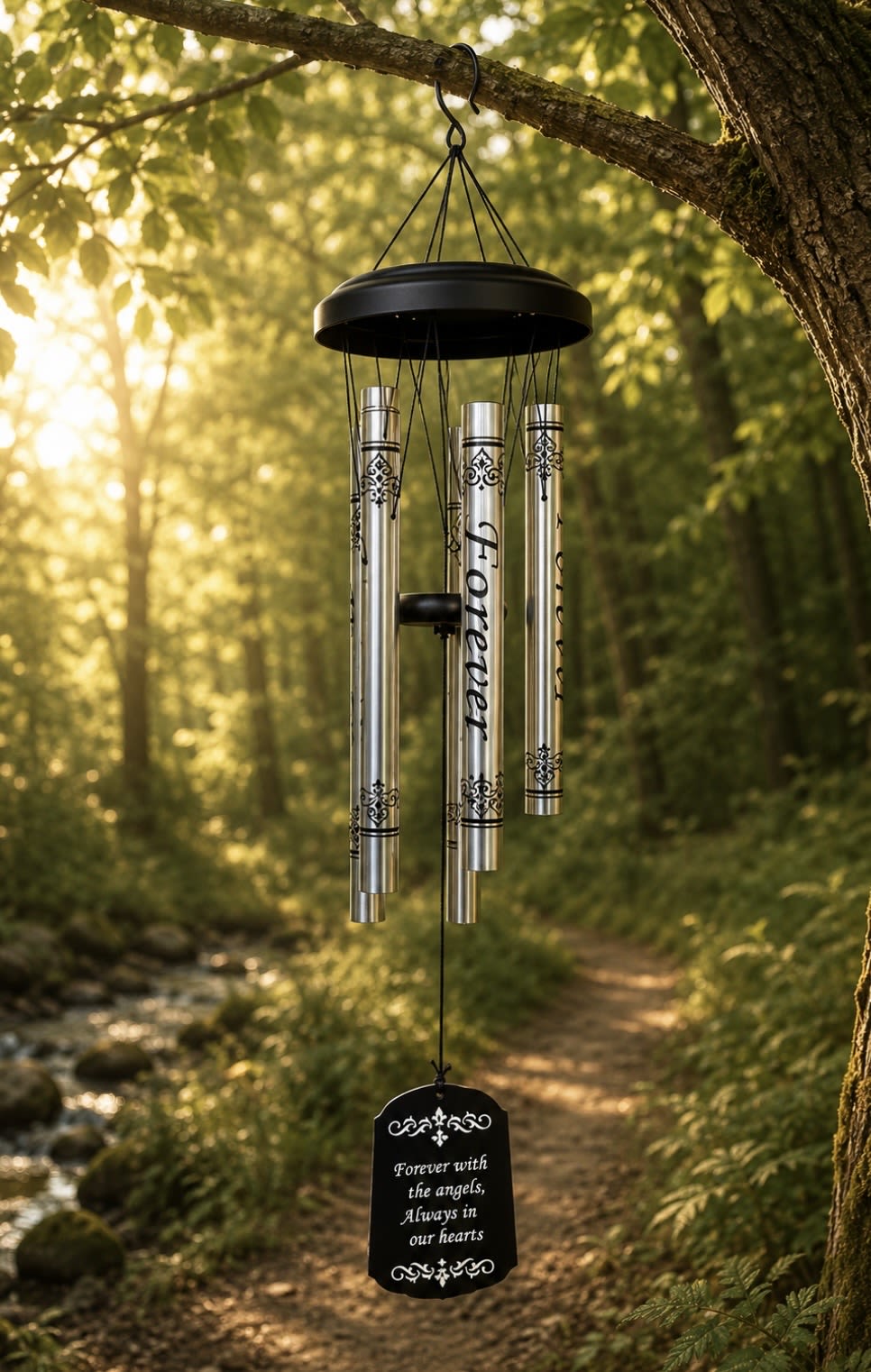 Forever Wind Chime - Hanging wind chimes with printed saying: "Forever"  Pendant with printed saying: "Forever with the angels, always in our hearts"  Meaningful sentiment printed on the powder-coated, anodized aluminum tubes  Measures approximately 44″L overall To change the tone of the chimes, move the adjustable striker up or down the center cord.