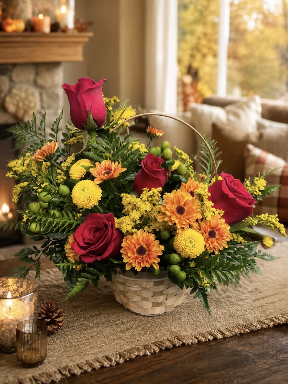 Basket arrangement with red roses and orange-yellow daisies