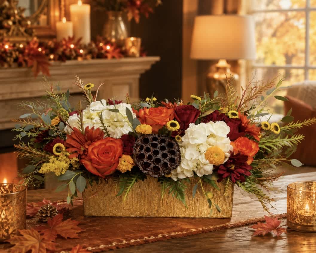 Autumn floral arrangement in a gold rectangular container with candles nearby