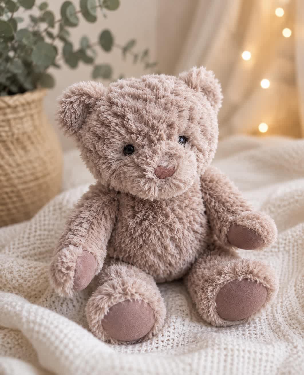Plush teddy bear sitting on a knitted blanket