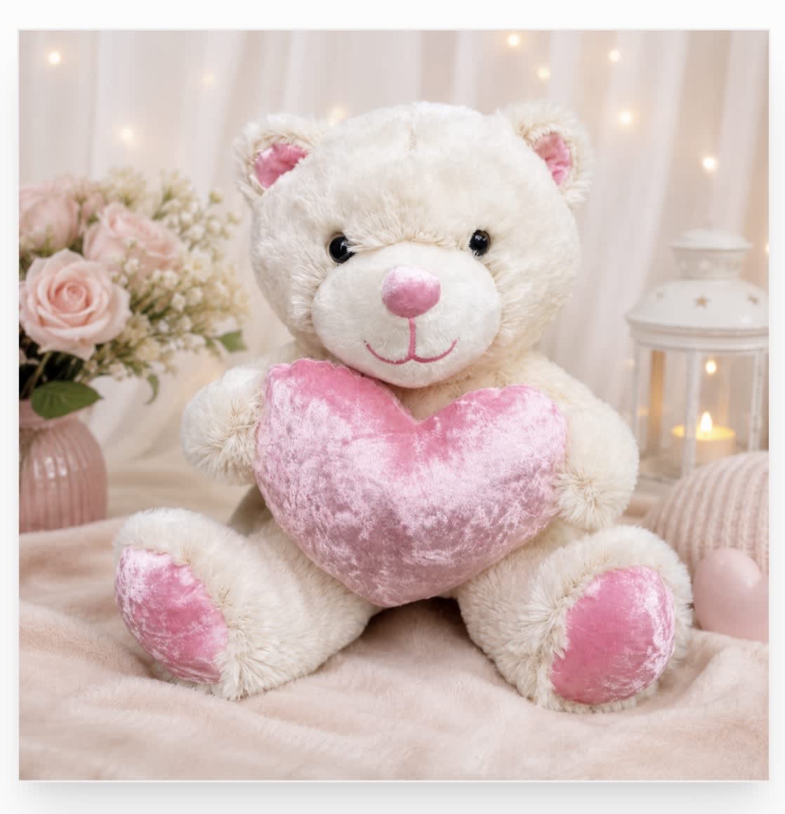 Plush white teddy bear holding a pink heart, with a pink rose bouquet nearby