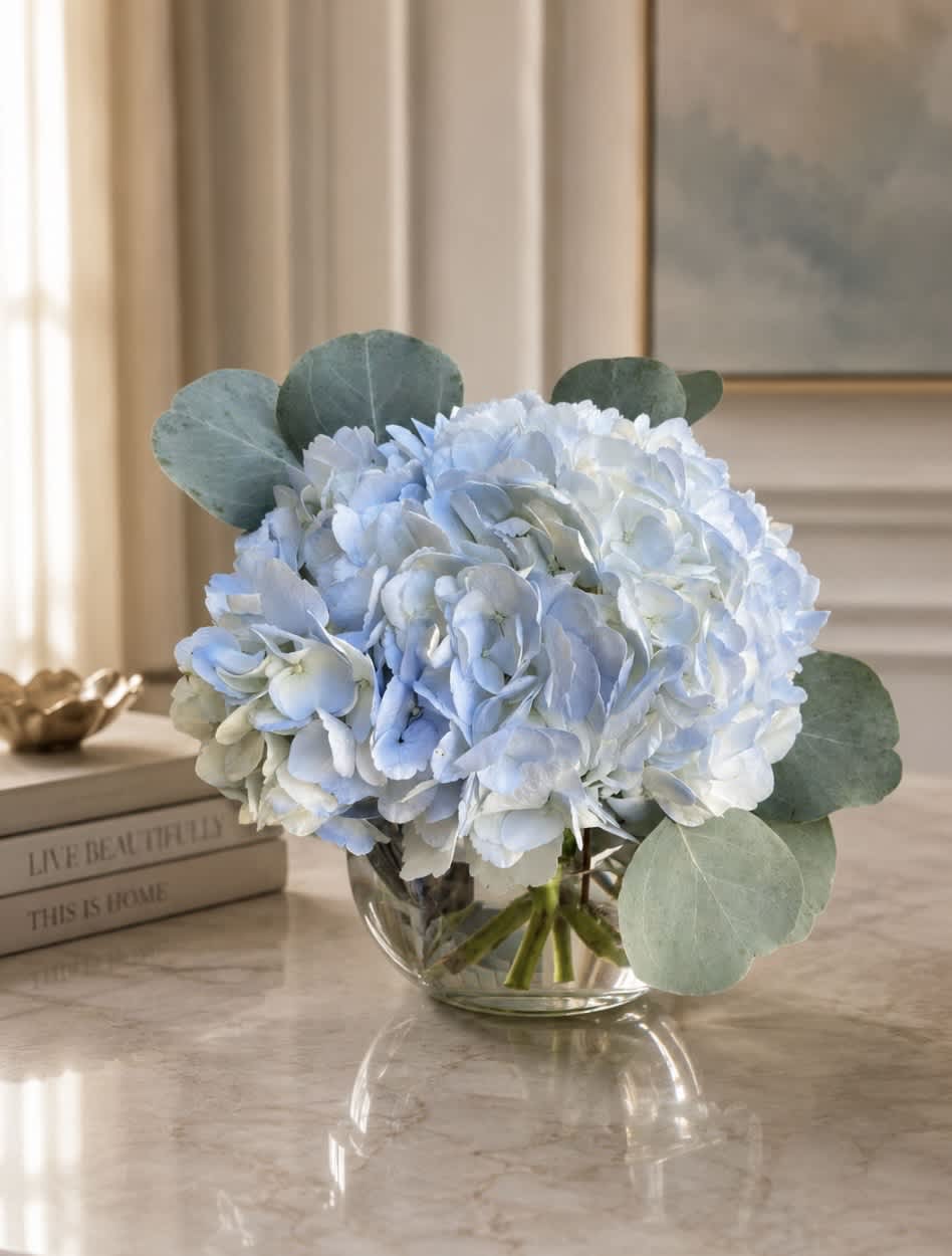 Blue hydrangea bouquet in a clear glass vase with round eucalyptus leaves