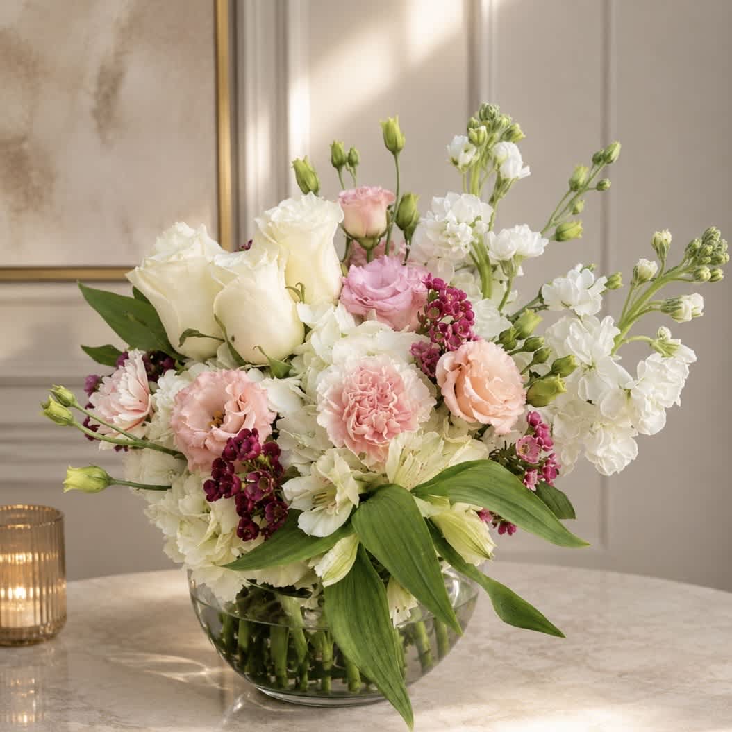 Pastel bouquet of roses, carnations, and white blooms in a glass bowl vase