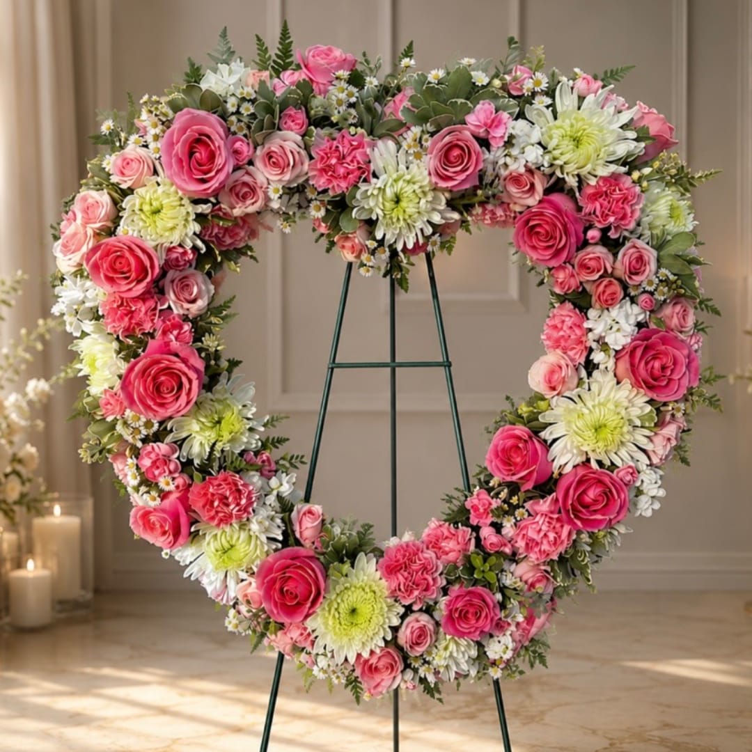 Heart-shaped floral wreath with pink roses and white daisies on a stand