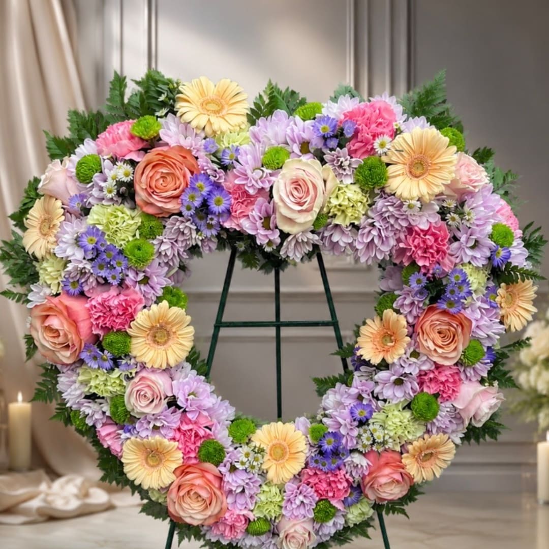 Heart-shaped floral wreath with pastel roses, daisies, and chrysanthemums on an easel