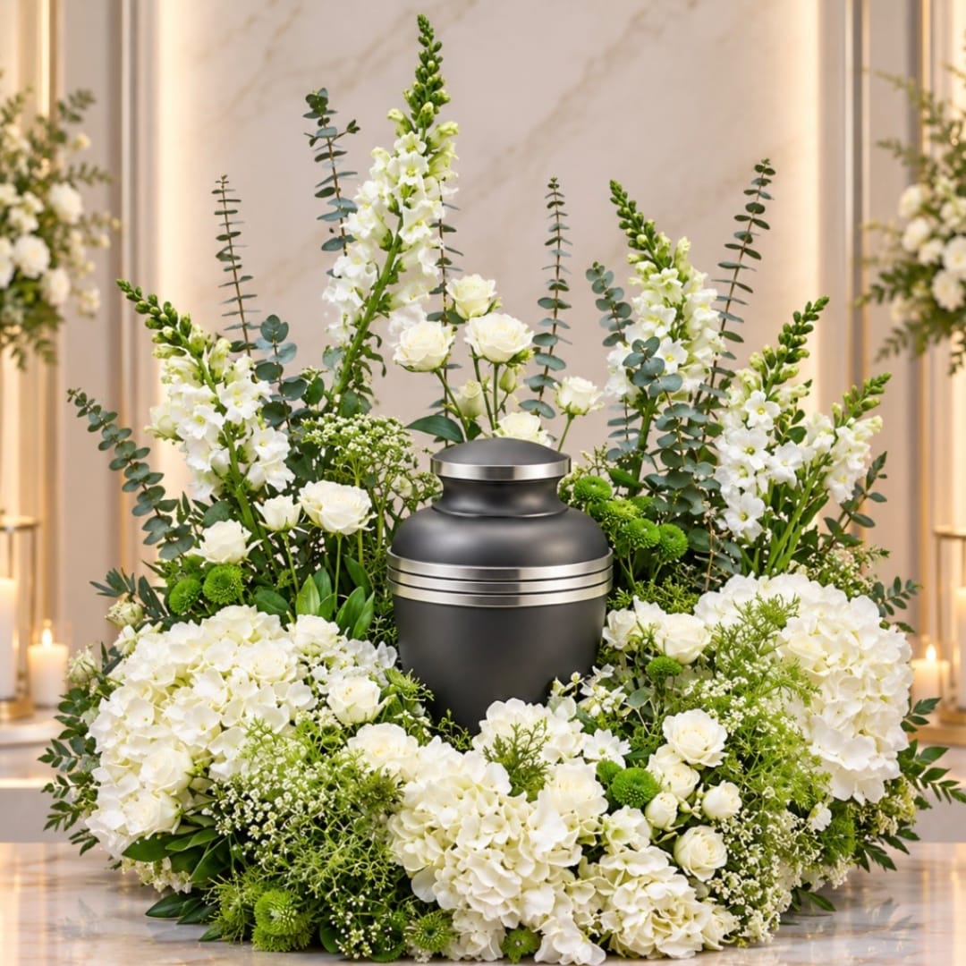 White floral funeral urn arrangement with green accents