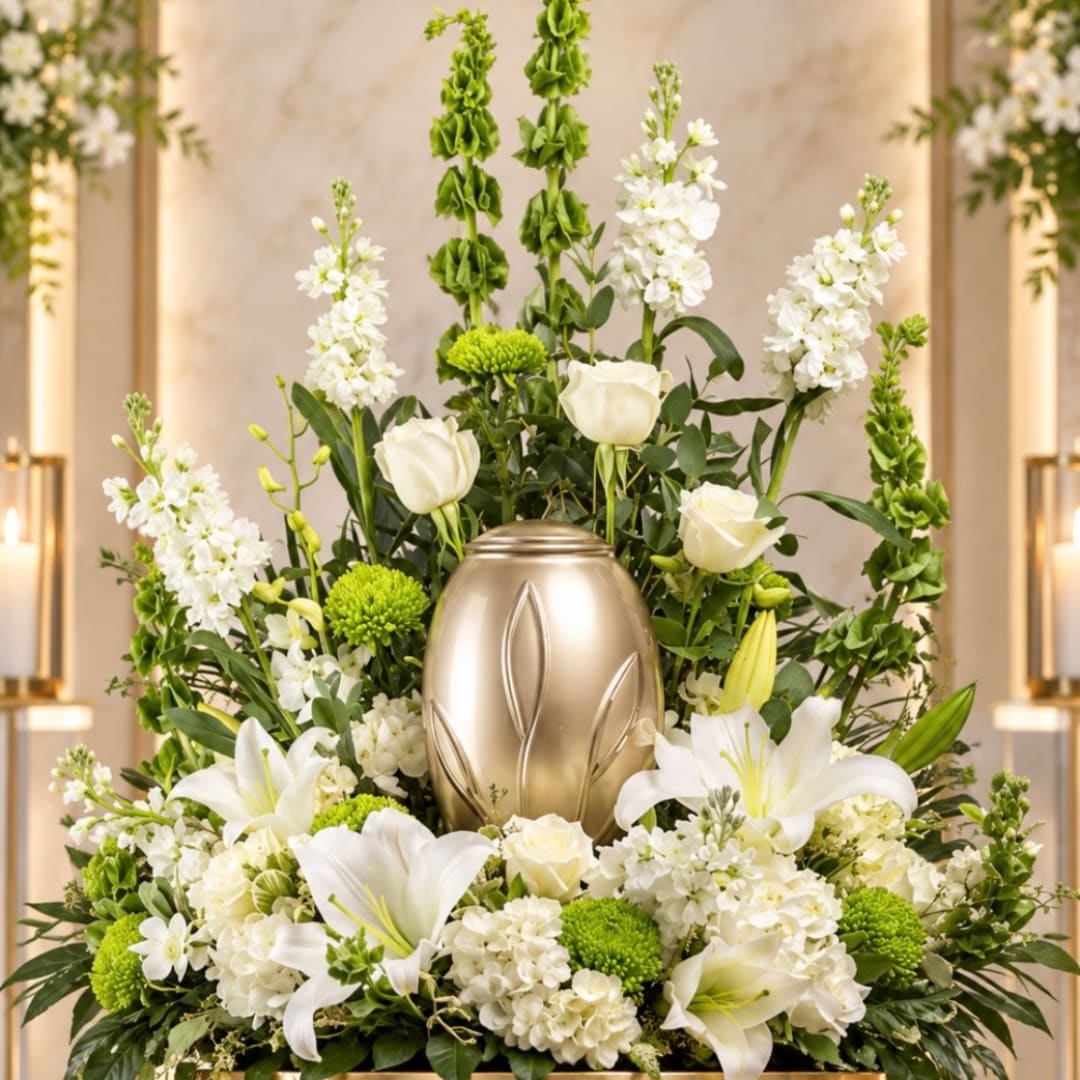 White lilies and roses arranged around a gold urn with green accents.
