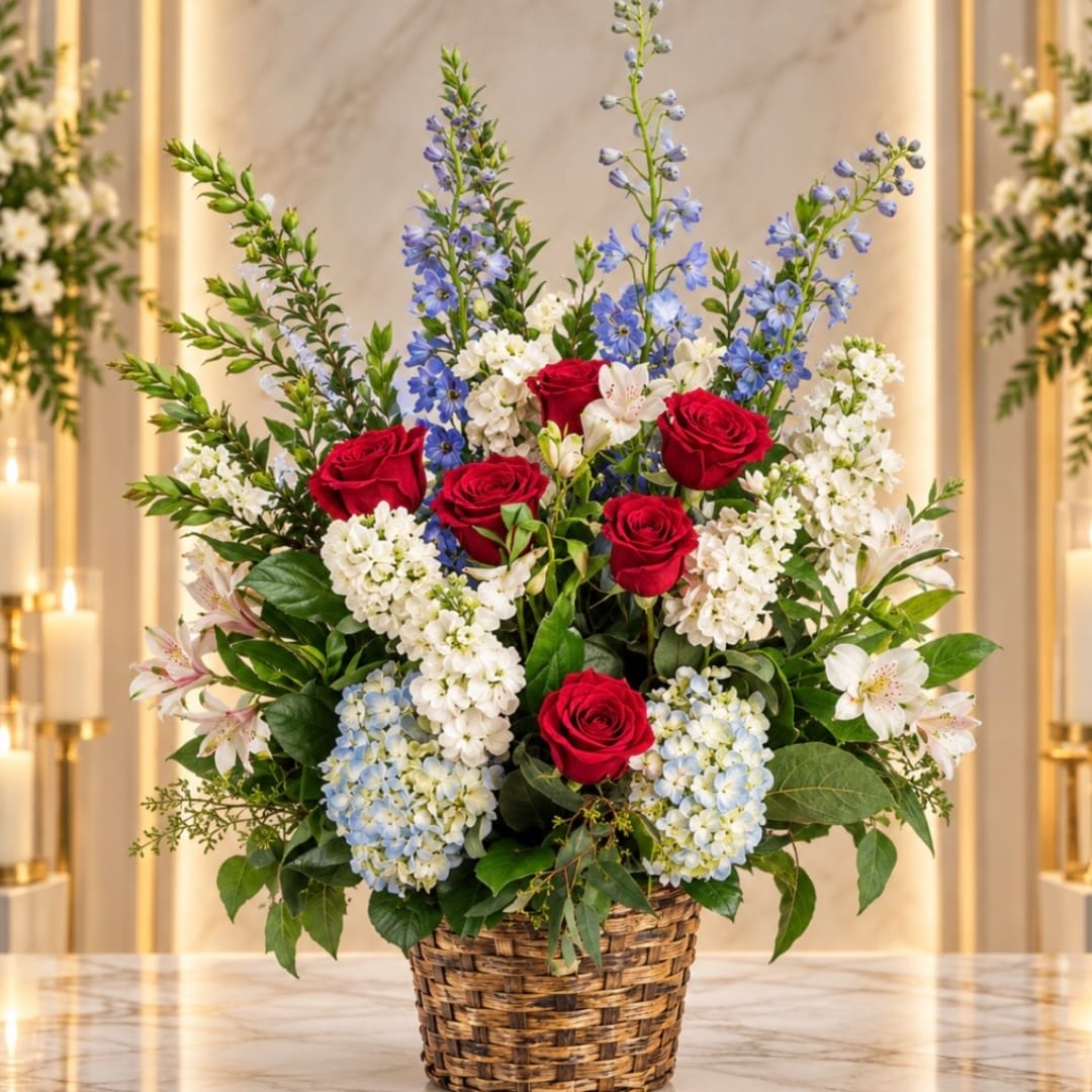 Basket arrangement of red roses, blue delphinium, and white flowers
