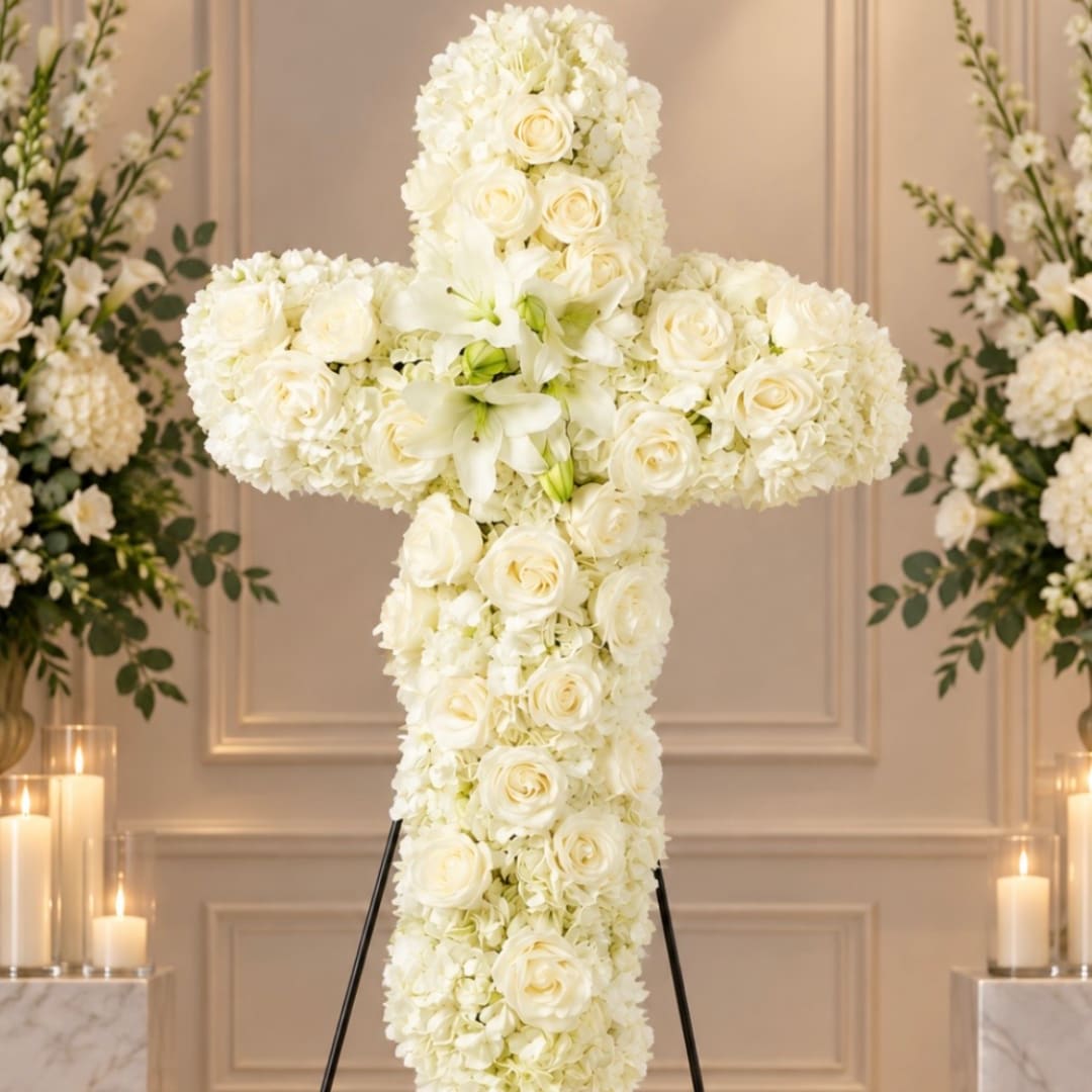 White floral cross arrangement with roses and lilies on a stand