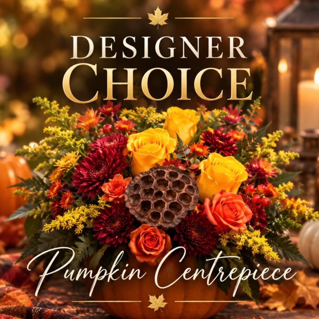 Autumn floral centerpiece in a pumpkin with roses and mums