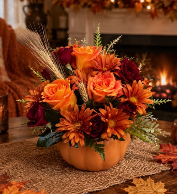 Orange and burgundy flower arrangement in a pumpkin-shaped container