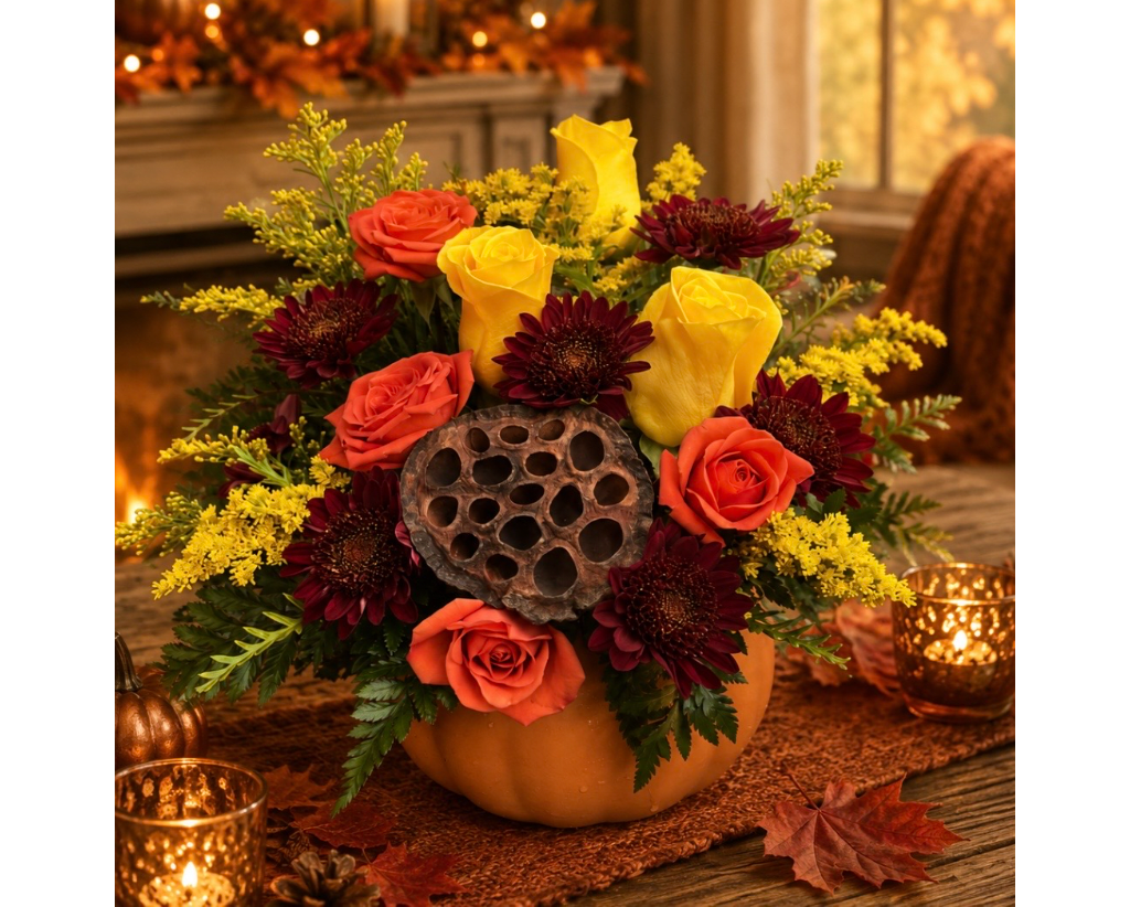Pumpkin-shaped vase with roses and dark daisies