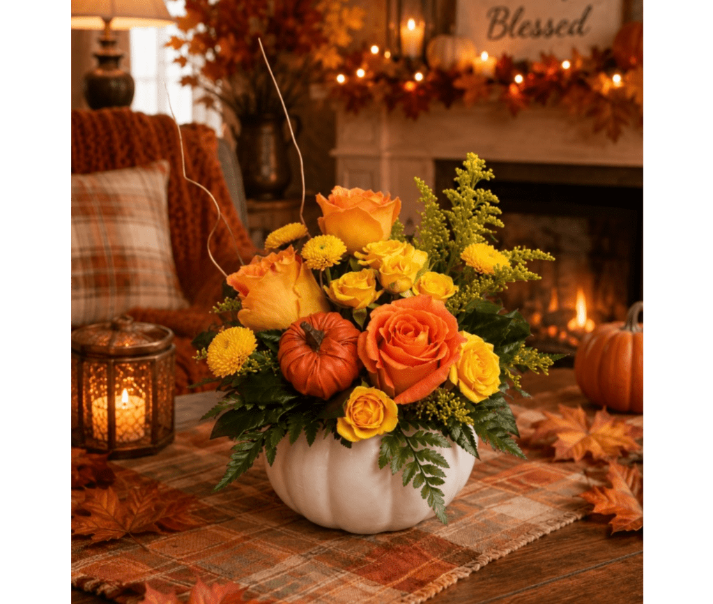 Orange and yellow roses in a white pumpkin vase with fall accents