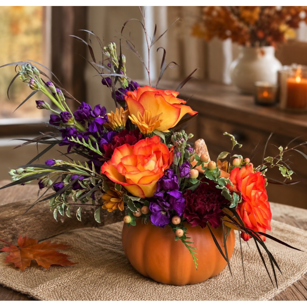 Orange and purple floral arrangement in a pumpkin-shaped container