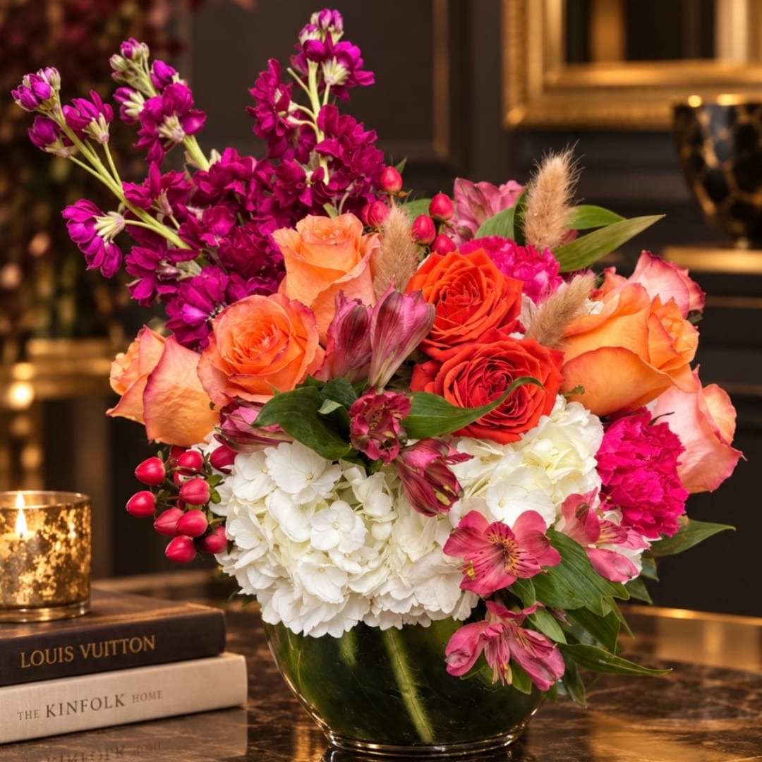Mixed bouquet of roses, hydrangeas, and pink flowers in a glass vase