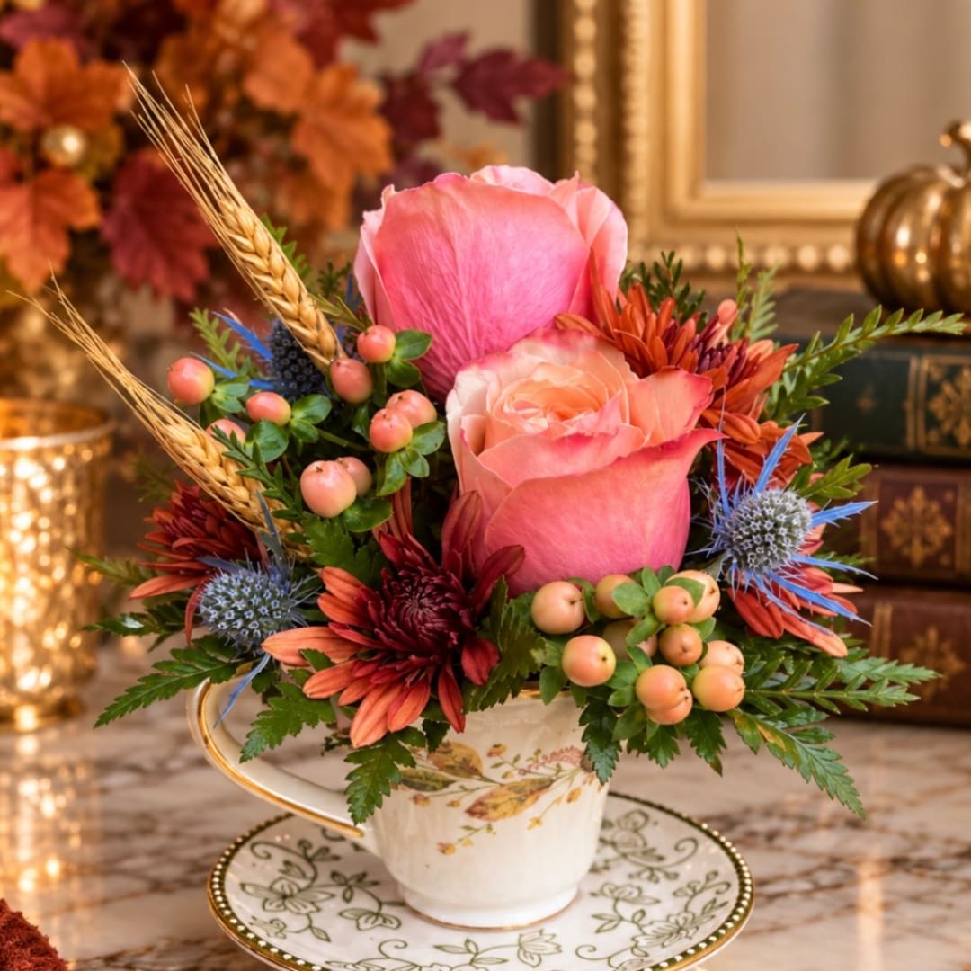Pink roses and autumn flowers arranged in a teacup vase
