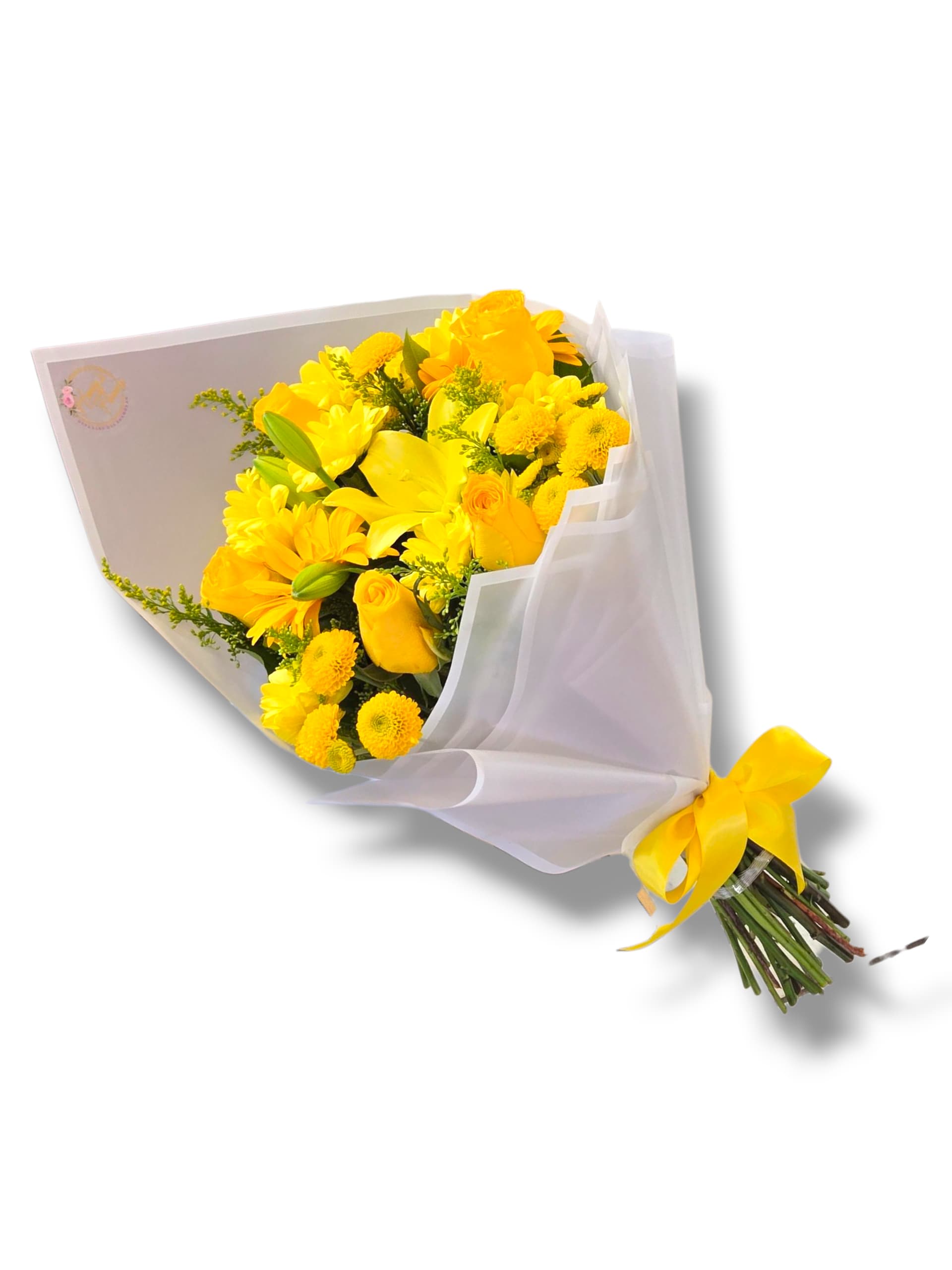 Brightness Blooms - Yellow rose, yellow lily, yellow button pompom, yellow daisy pompom, solidago in a mixed bouquet.