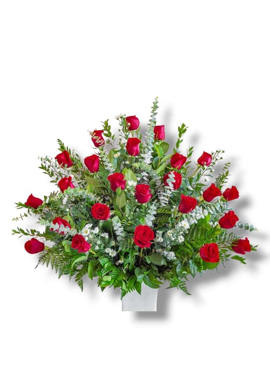 Red roses arranged in a white vase with mixed greenery