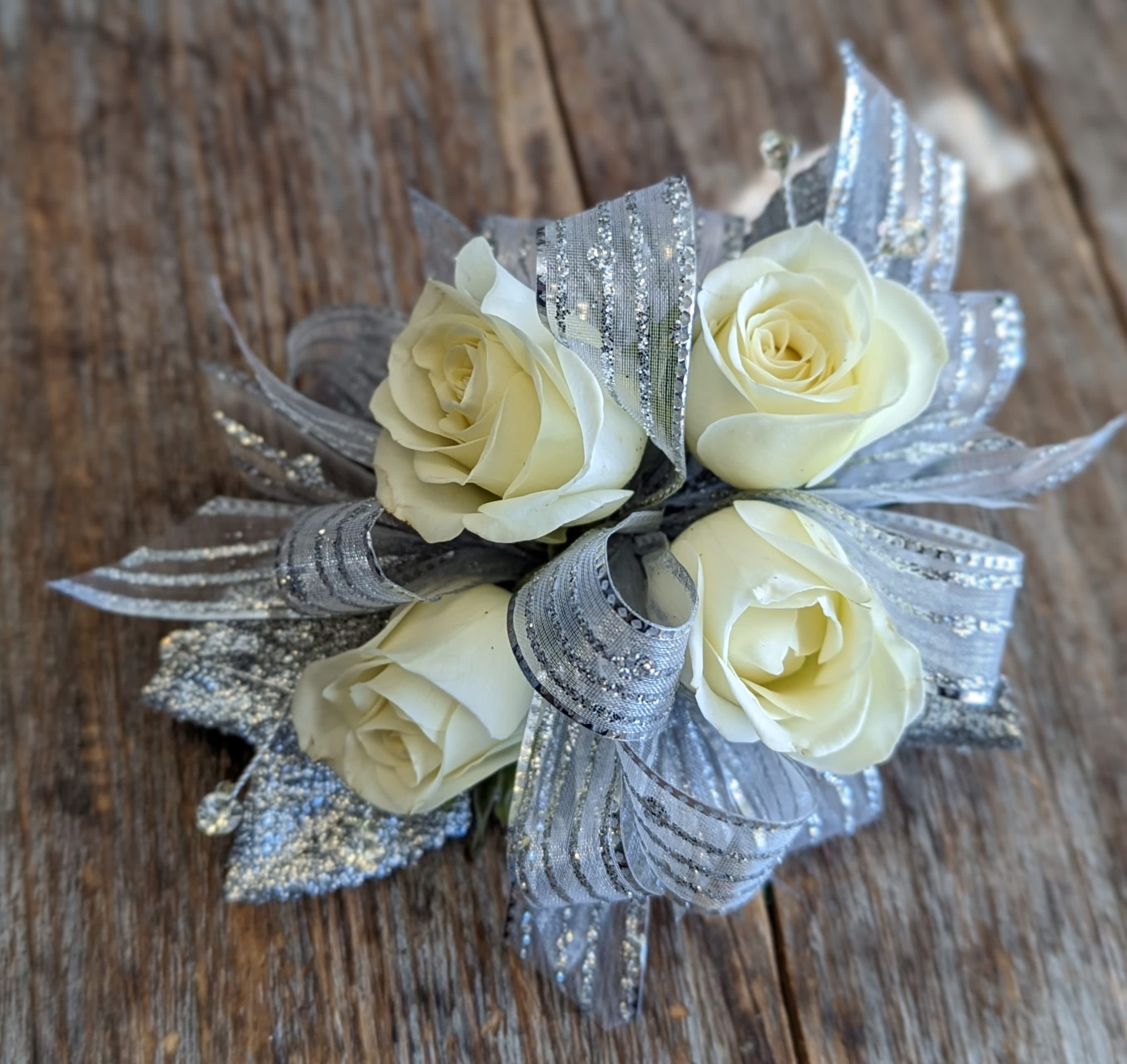 White Miniature Rose Corsage - Mini white roses with sparkly leaves and rhinestone sprays