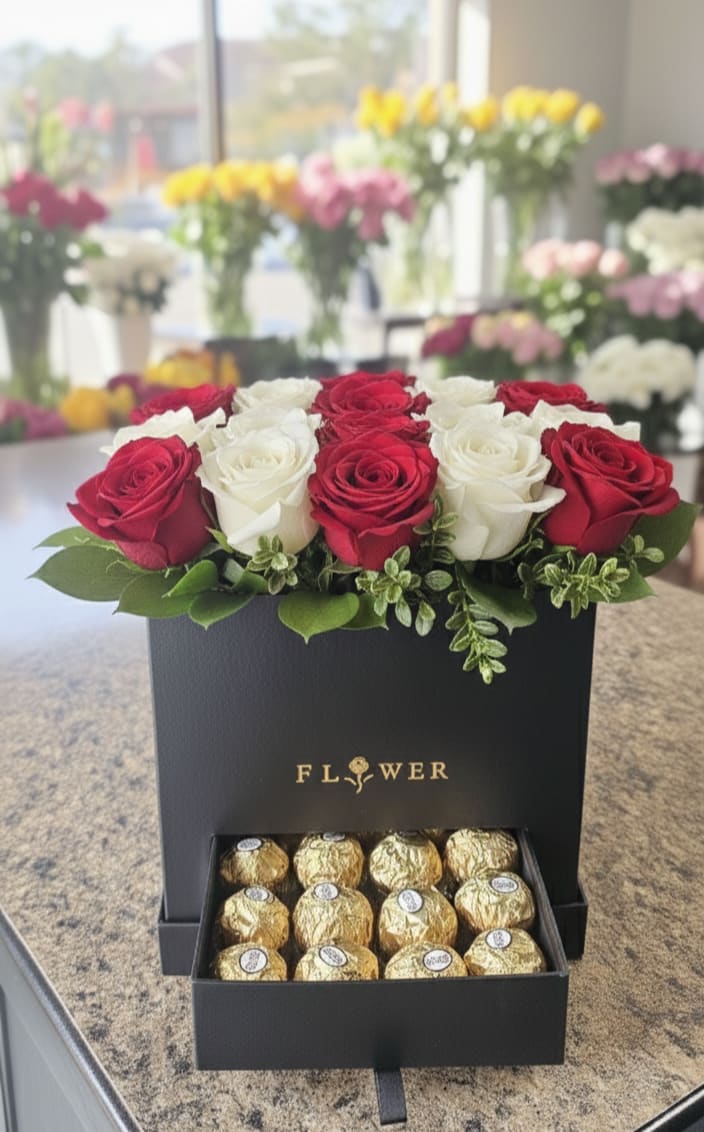 Lovely roses in Box with Chocolates (RED &amp; WHITE) - 18 Stems of   Red &amp; White Roses with Ferrero Rocher Chocolates in and elegant Black box (Luxury line). She will love it