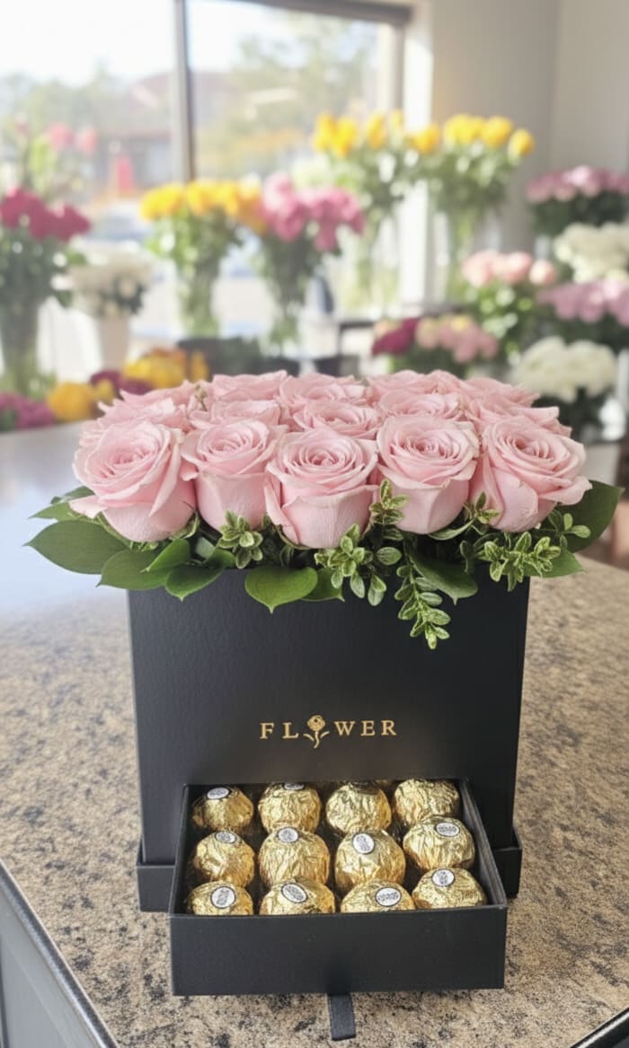 Pink roses in a black gift box with chocolates in a drawer below