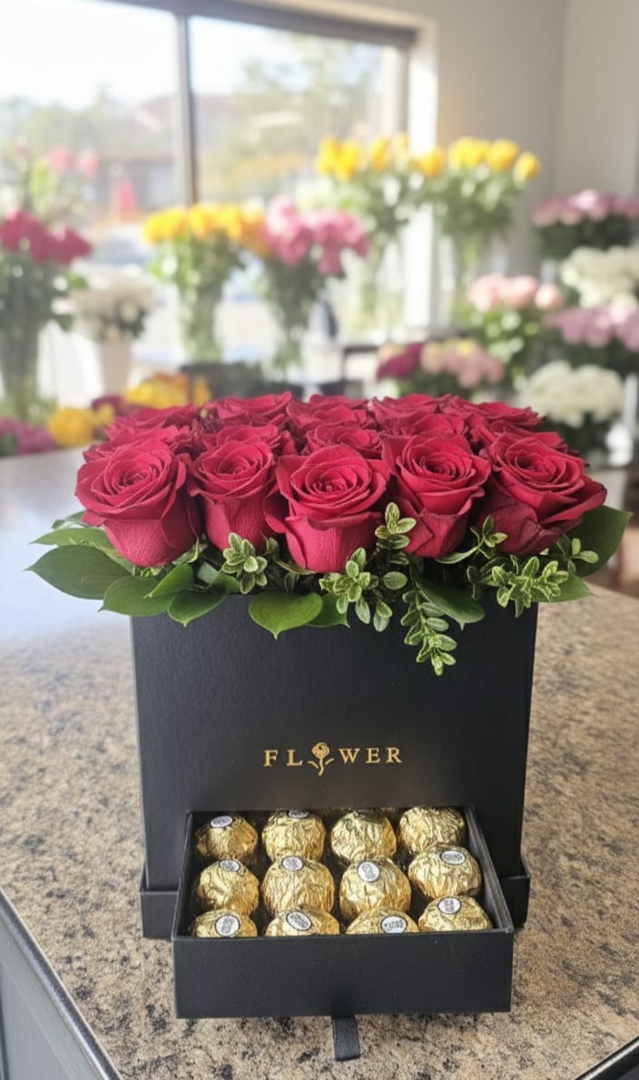 Lovely roses in Box with Chocolates (RED ROSES) - 18 Stems of premium Red Roses with Ferrero Rocher Chocolates. (luxury Line)  She will love it 