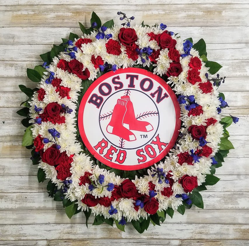 Boston Red Sox floral wreath with red, white, and blue flowers