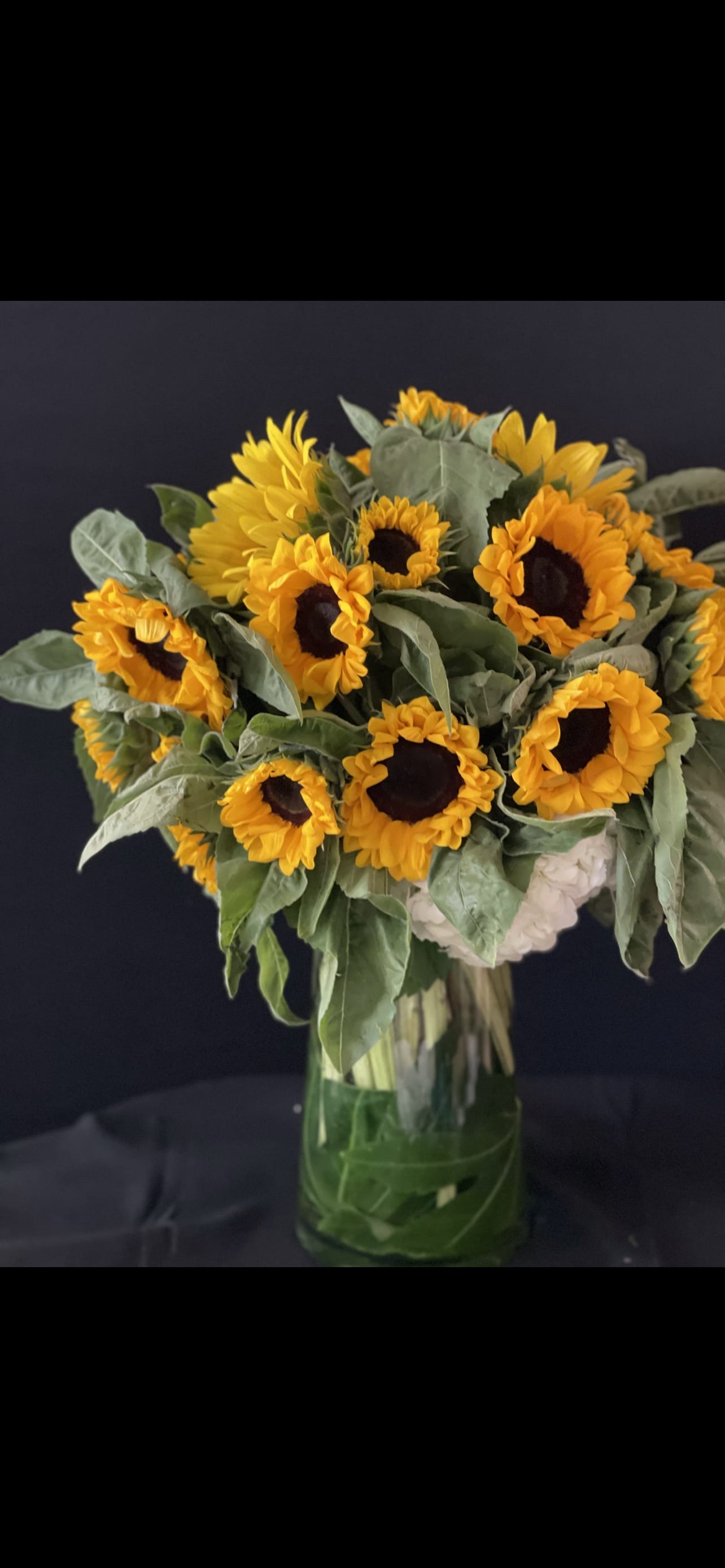 Sunflower LOVE.  - Hydrangeas rurrounded by stunning small, medium and large sunflowers.  A total of 25 plus 5 white hydrangeas. 