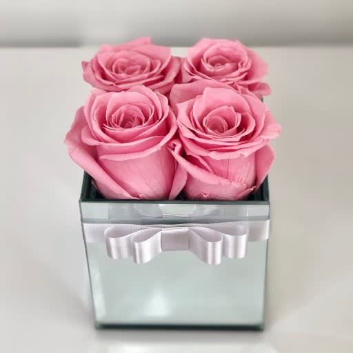 Four pink roses in a square glass box with a white ribbon