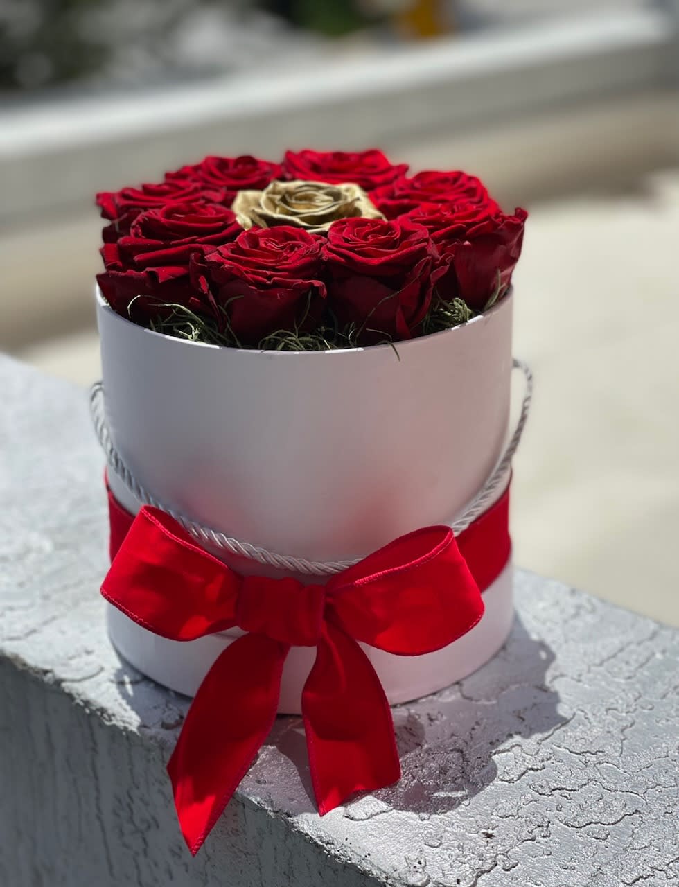 Round box of red roses with a red ribbon bow