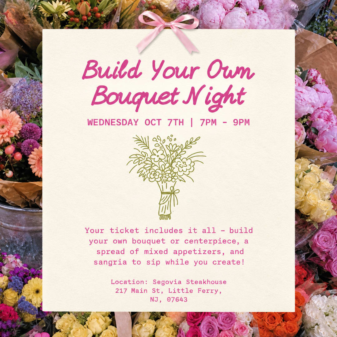 Flyer for a build-your-own bouquet night surrounded by flower bouquets