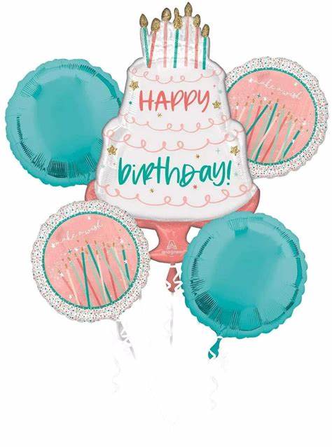 Birthday cake-shaped balloon bouquet with teal and pink balloons