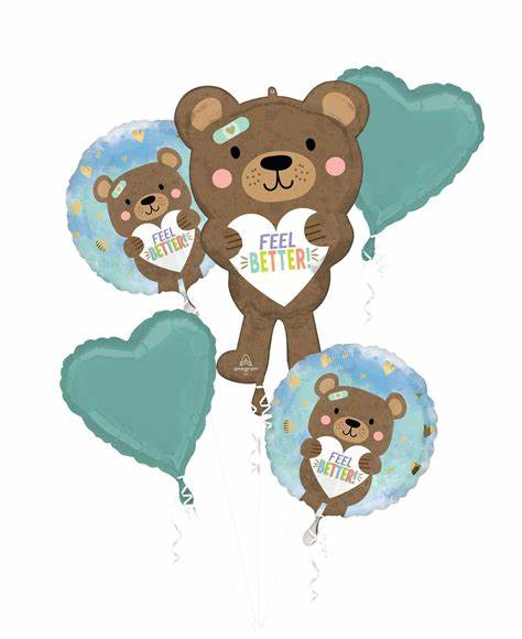 Bear-themed balloons with "Feel Better" messages in teal and blue