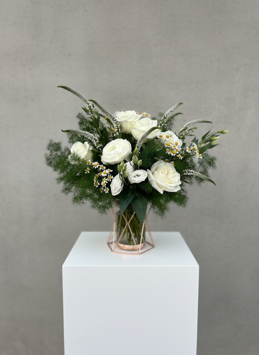 White roses and small daisies in a glass vase with greenery