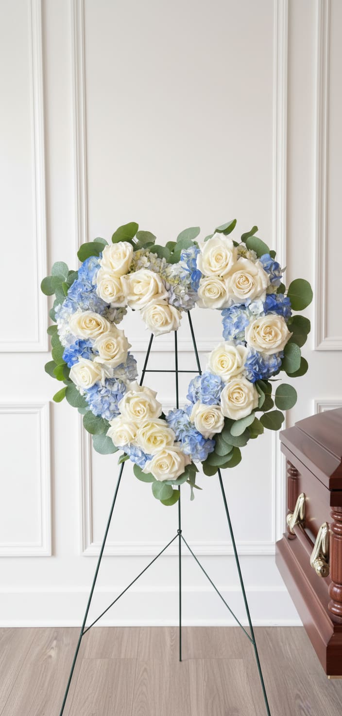 Heart-shaped floral wreath of white roses and blue hydrangeas on a stand