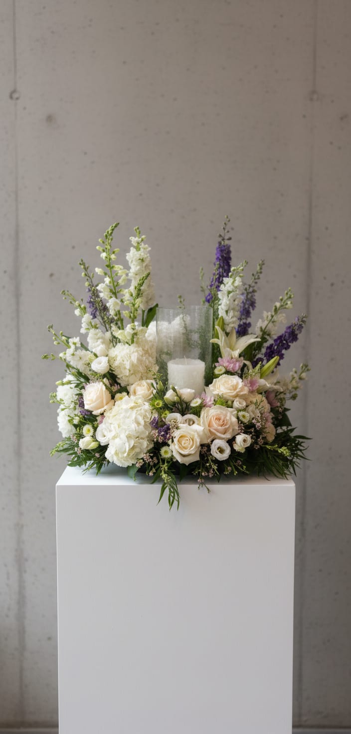 White and cream floral arrangement with purple accents around a candle