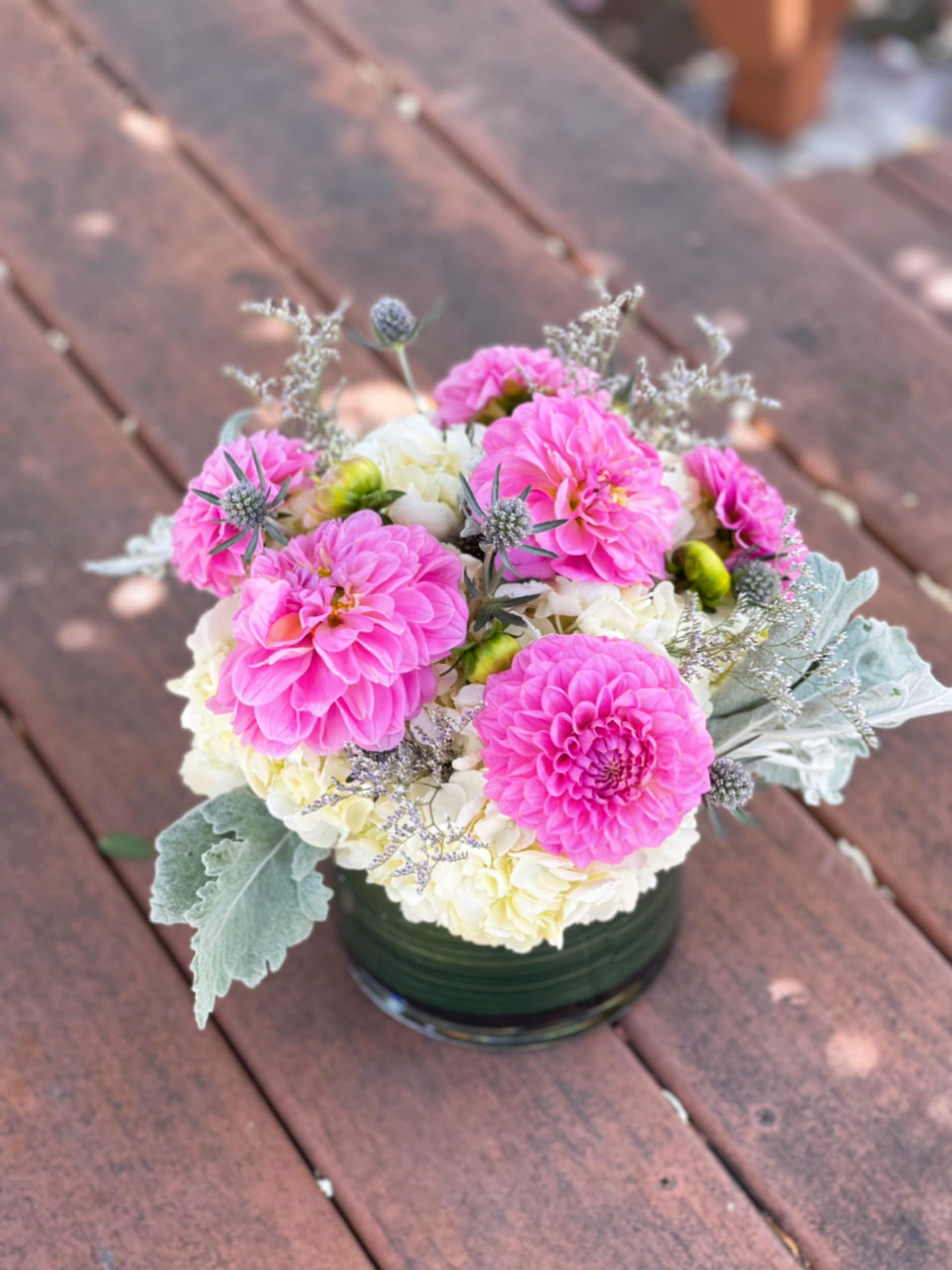 Charming - - 3 White Hydrangeas - 5 Pink Dahlias - Dusty Miller - White Filler - 6x6 Inches Cylinder Vase
