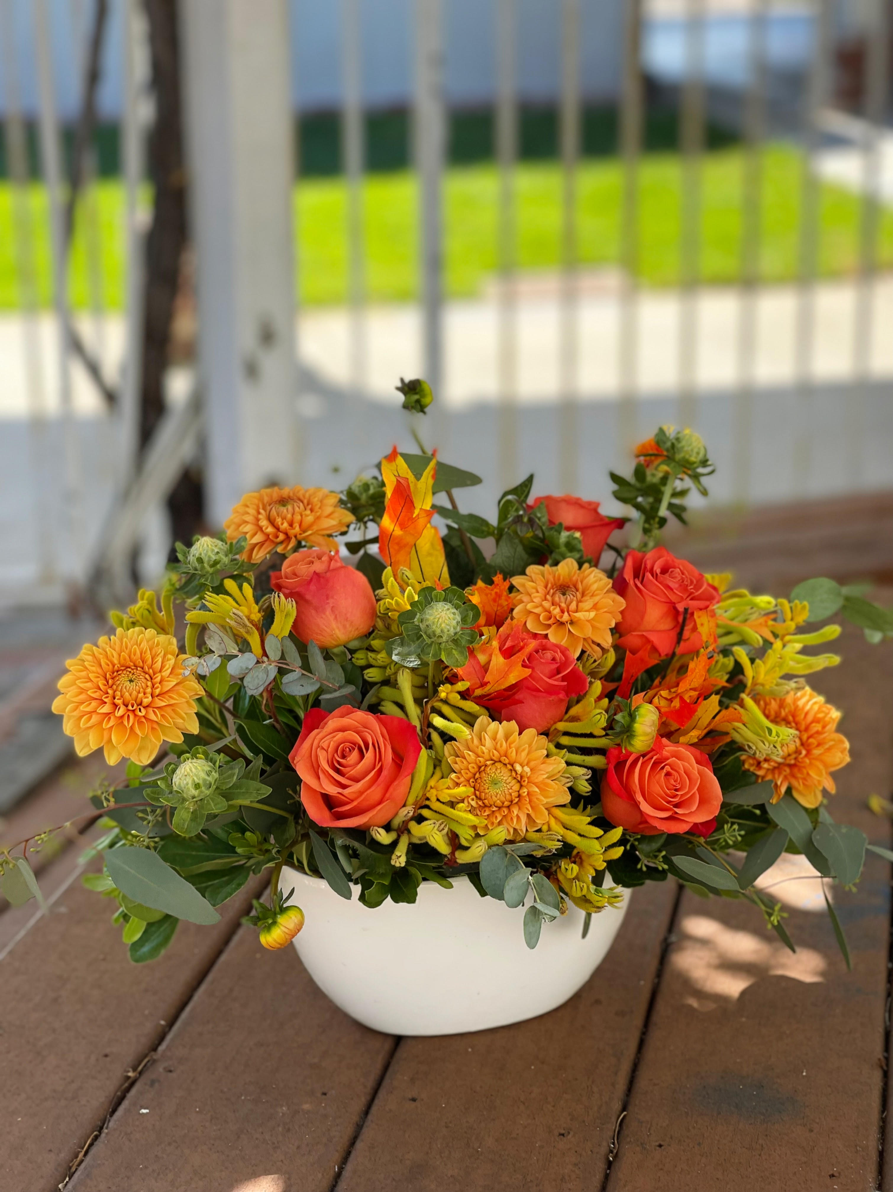 Sun Kisses - - 6 Orange Roses - 5 Orange Dahlias - Orange Fillers - Fall Leaves - White Ceramic Vase