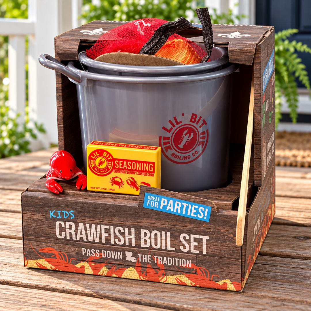 Crawfish boil set in a branded box with a pot, seasoning, and toy crawfish