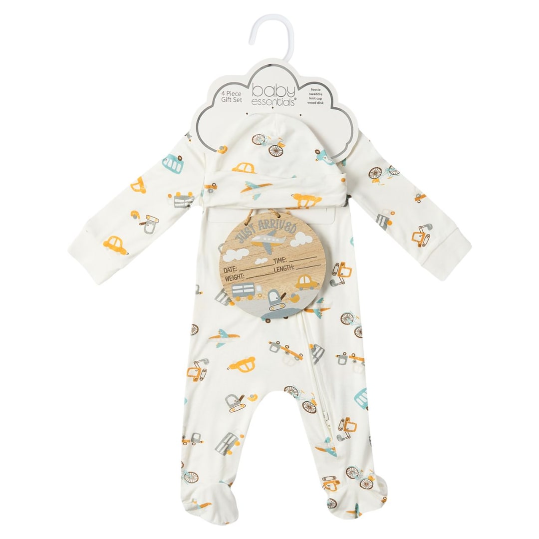 Baby gift set with a printed onesie and matching hat on a hanger