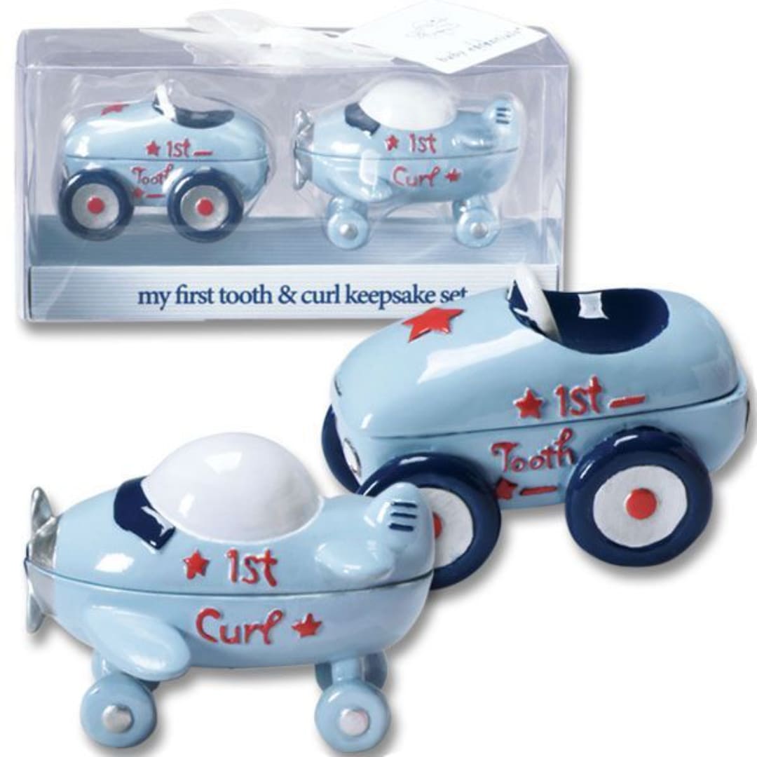 Blue airplane-shaped keepsake boxes for a first tooth and curl set